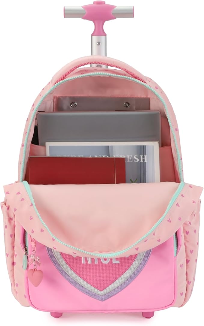 kingdisen Wheels Rolling Kids Backpack for Elementary Luggage School Trolley Bag with Lunch Box 3pc Set (HEART PINK)