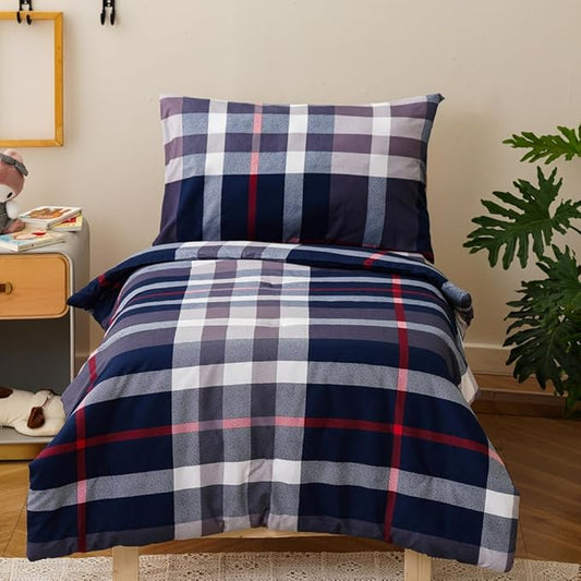 CLOTHKNOW Blue Plaid Toddler Bedding Sets for Boys, 4 Pieces Tartan Check Pattern, Soft Crib Bed Set Including Comforter, Flat Sheet, Fitted Sheet and Pillowcase, Yellow