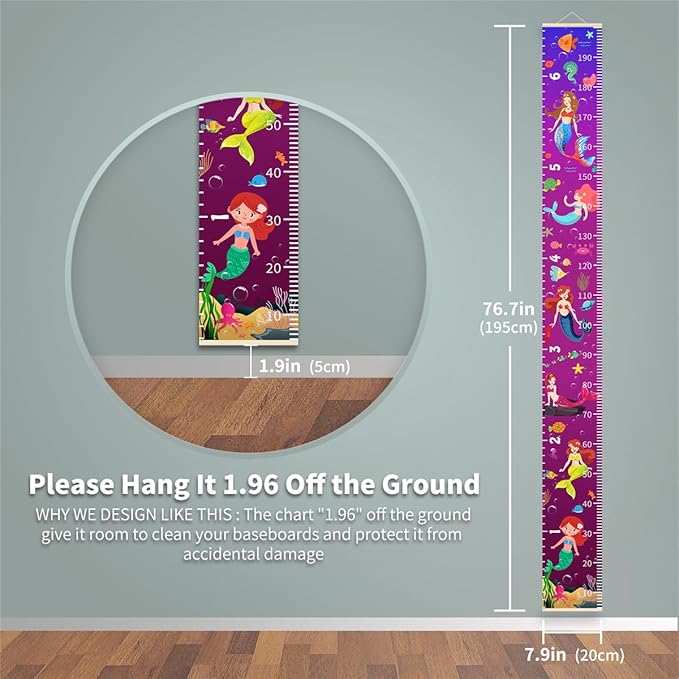 Nustila Ocean Mermaid Growth Chart for Kids Baby Height Chart Ruler Removable Canvas Wooden Frame Hanging Wall Rulers Measurement Charts for Toddler Room Nursery Decor - 79"X7.9" with Beige Wood