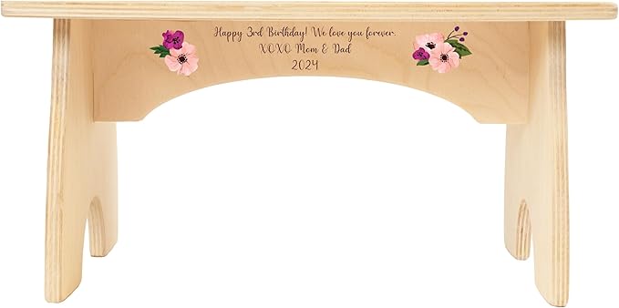 Floral Step Stool for Toddlers- Personalized Wood Kids Step Stool with Name for Kitchen Sink, Bathroom, Potty Training, Toilet, Kitchen Sink- Sturdy and Safe- Made in USA by BloomOwl (Floral- Plum)