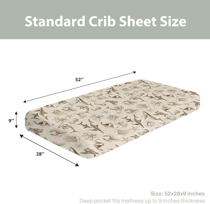 Retro Marine Animals Baby Crib Sheets Boy Girl 28"x52" Whale Dolphin Jellyfish Sea Horse Turtle Coral Soft Snug Fitted Crib Mattress Cover Ocean Animal Baby Sheet for Standard Crib & Toddler Mattress