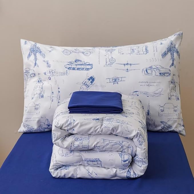 CLOTHKNOW Traffic Toddler Bedding Sets for Boys, 4 Pieces Bedding Sets Cars Airplane Tank Helicopter Pattern, Soft Crib Bed Set Including Comforter, Flat Sheet, Fitted Sheet and Pillowcase