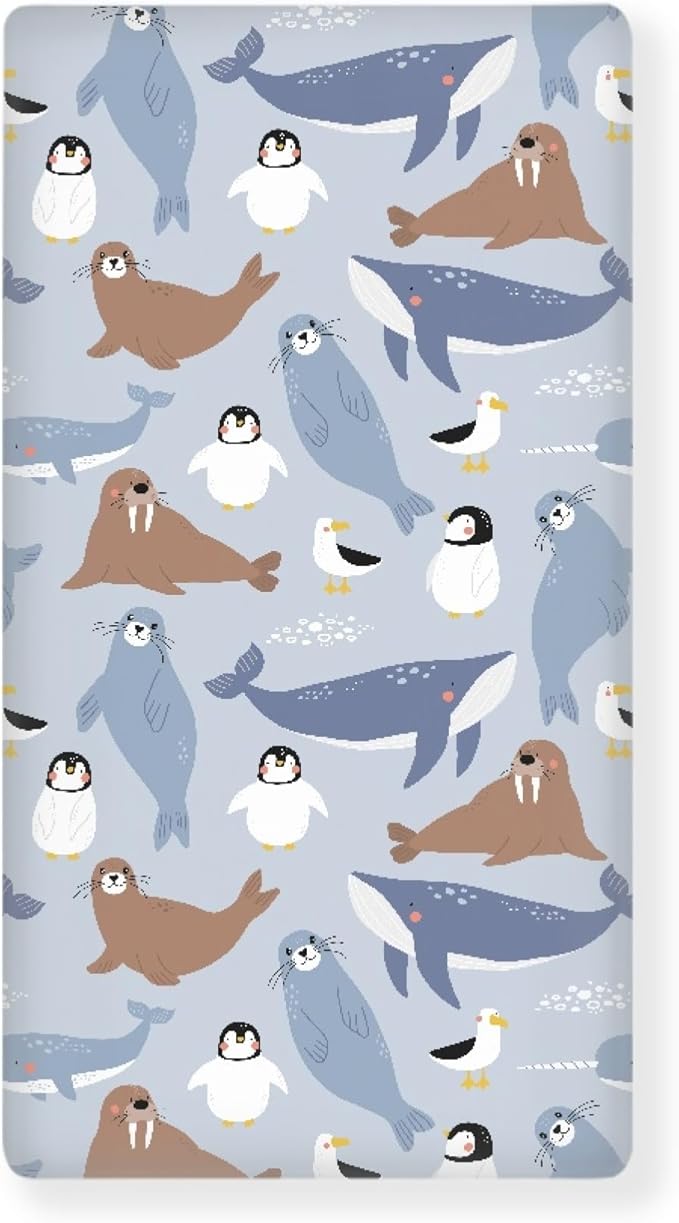 Cute Arctic Animals Fitted Crib Sheet for Boys Girls Seal Penguin Walrus Whale Albatross Baby Sheet for Standard Crib and Toddler Nursery Bed Mattress Sheets 28"x52"