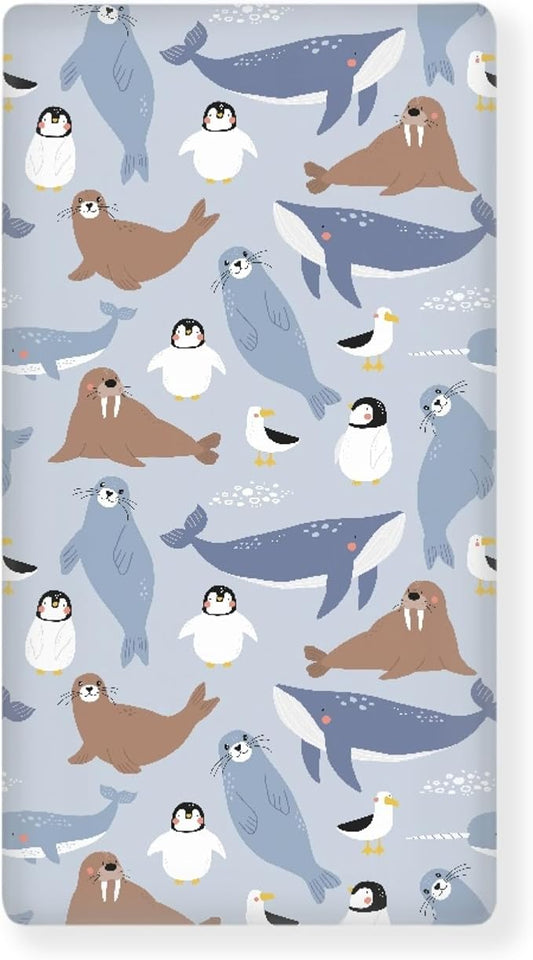 Cute Arctic Animals Fitted Crib Sheet for Boys Girls Seal Penguin Walrus Whale Albatross Baby Sheet for Standard Crib and Toddler Nursery Bed Mattress Sheets 28"x52"