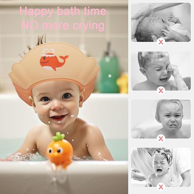 Baby Shower Cap Shield, Shower Cap for Kids, Visor Hat for Eye and Ear Protection for 0-9 Years Old Children,Cute whale shape Makes the Baby Bath More Fun (Orange)