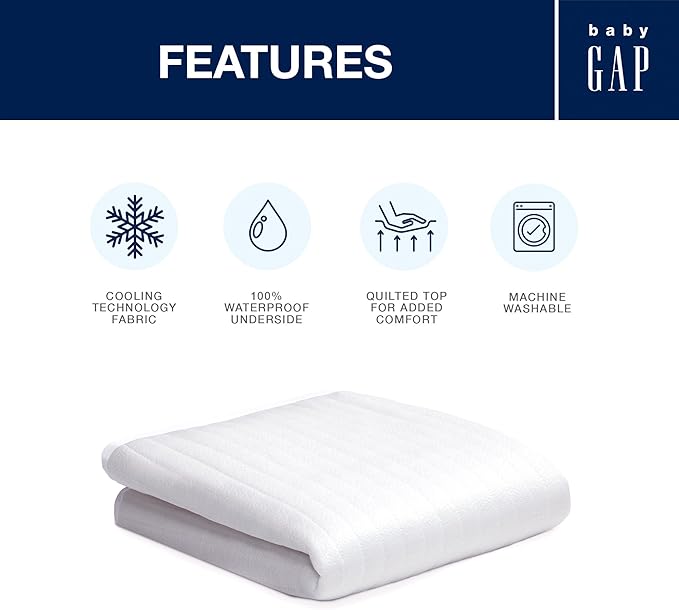 Crib Mattress Protector for Infants and Toddlers - Waterproof, Cooling, Soft Quilted, Elastic, and Washable Baby Mattress Protector in White, Quiet Comfort by babyGap