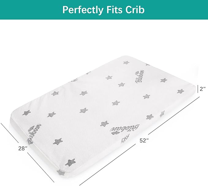 Crib Mattress Topper Pad Waterproof, Memory Foam 2-Inch Toddler Bed Mattress Fit Baby Toddler Mattresses with Removable Crib Mattresses Topper Cover Protector Machine Wash & Non-Slip | 52“x 27“