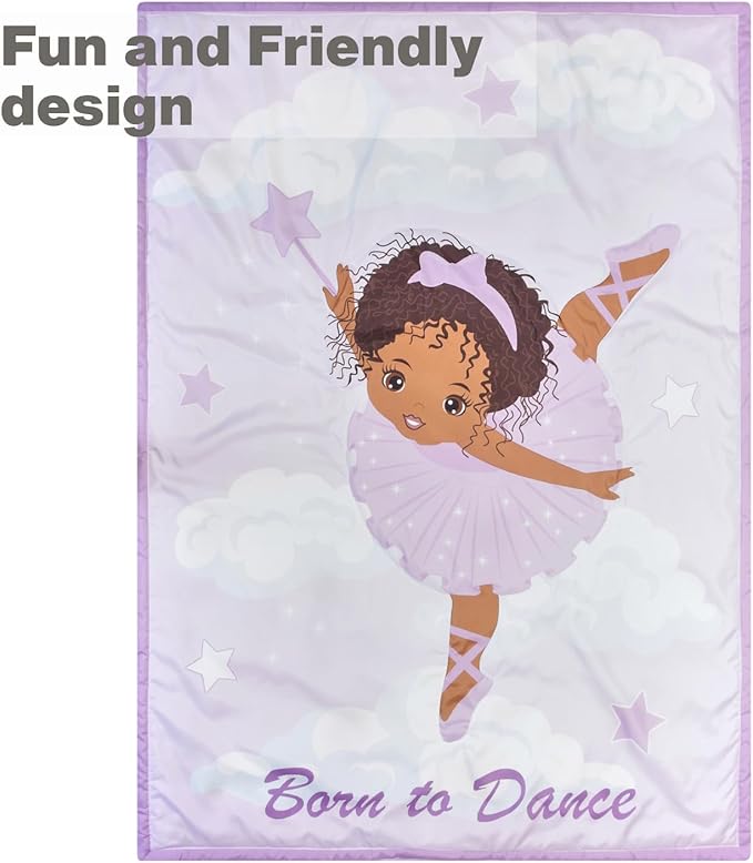 EVERYDAY KIDS 4 Piece Toddler Bedding Set – African American Ballerina - Includes Comforter, Flat Sheet, Fitted Sheet and Reversible Pillowcase – Girls Toddler Bedding
