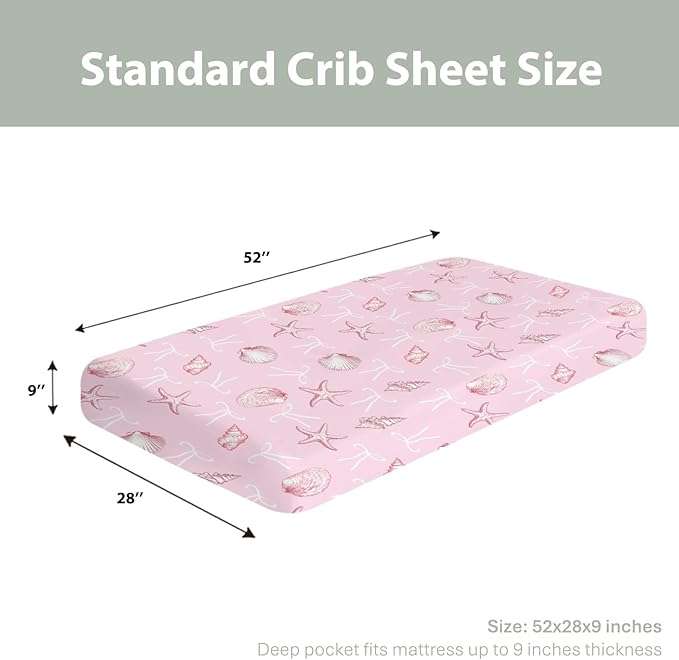 Summer Conches Bows Sea Baby Crib Sheets for Boy Girl 52"x28" Ocean Seashells Beach Soft Snug Fitted Crib Mattress Covers Boho Nautical Life Baby Sheet for Standard Crib and Toddler Bed Mattress Pink