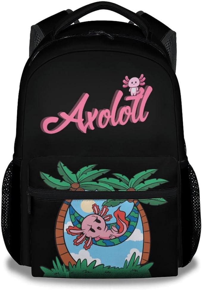 Mercuryelf Axolotl Backpack for Boys Girls, 16 Inch Black Backpacks for School Travel, Cute Lightweight Bookbag for Kids