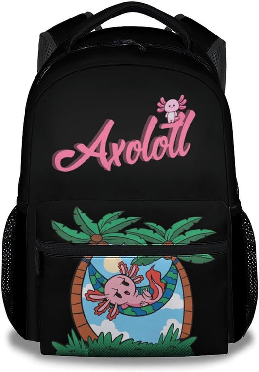 Mercuryelf Axolotl Backpack for Boys Girls, 16 Inch Black Backpacks for School Travel, Cute Lightweight Bookbag for Kids
