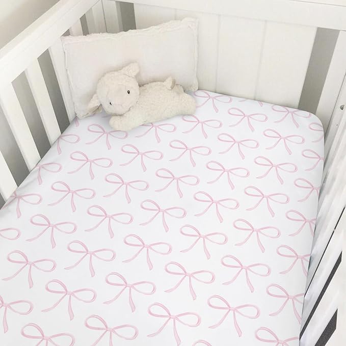 Sweet Pink Bows Baby Crib Sheets for Girls Pastel Pink Bows Soft Snug Fitted Crib Mattress Covers for 52''x28'' Standard Crib & Toddler Mattress Valentine's Girly Ribbons Nursery Baby Bed Sheets