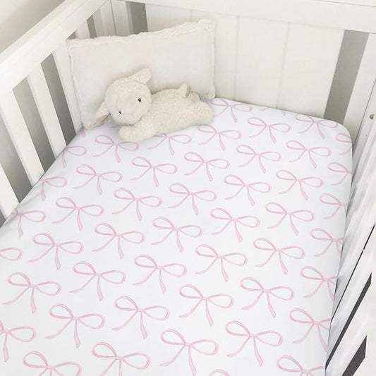 Sweet Pink Bows Baby Crib Sheets for Girls Pastel Pink Bows Soft Snug Fitted Crib Mattress Covers for 52''x28'' Standard Crib & Toddler Mattress Valentine's Girly Ribbons Nursery Baby Bed Sheets