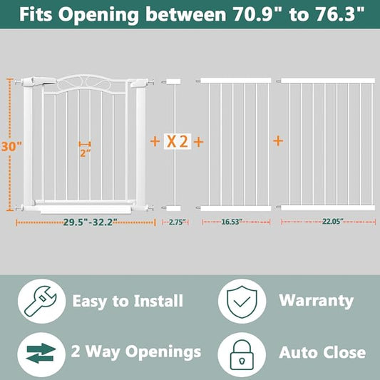 Fairy Baby 70.9"-76.3" Extra Wide Baby Gate, Pressure Mounted Auto Close Child Safety Gate for Kids Or Pets Walk Thru No Drill Long Dog Gates Indoor for House Doorway, White
