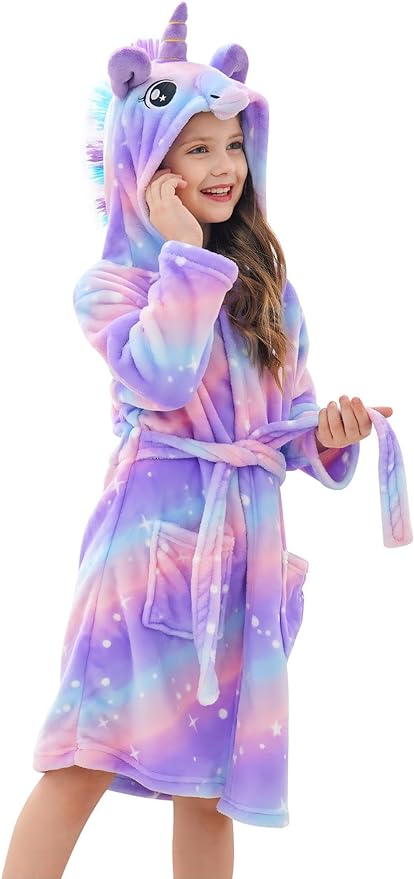 Doctor Unicorn Girls Fleece Hooded Robe Toddler Warm Fuzzy Bathrobe