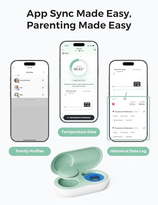 Momcozy Wearable Digital Thermometer for Baby, Medical-Grade Accurate Smart Thermometer, Instant Reads, APP Real-time Monitoring for Infants & Kids, Hypoallergenic 3M Stiker,Bluetooth, 180H Lasting