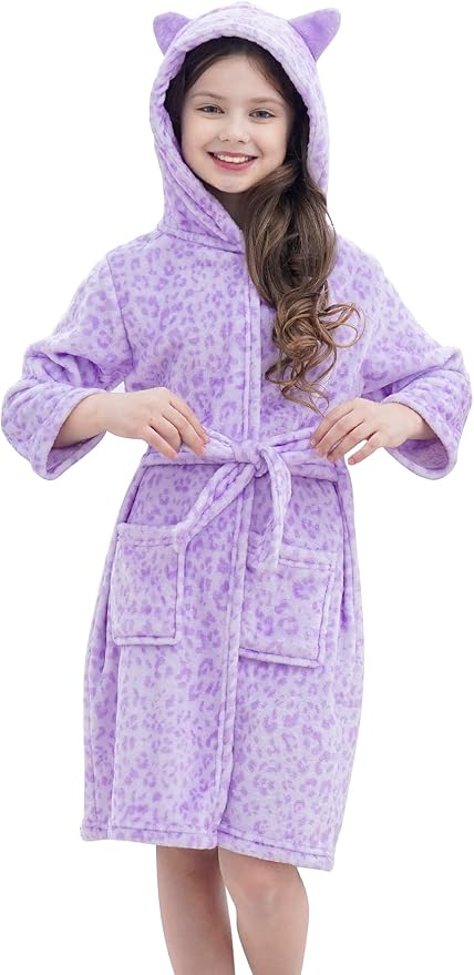Doctor Unicorn Girls Leopard Cat Robe Kids Fleece Warm Hooded Bathrobe