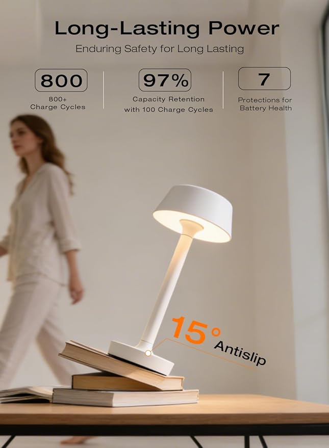 Light Worthy Cordless Rechargeable Table Lamp with Power Charger,Portable Touch LED Desk Lamp,5000mAh Battery Operated,2700K-5700K Tunable Dimmable for Bedroom,Outdoor Camping Bedside,White