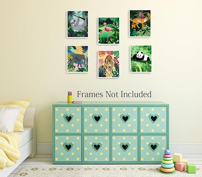 Jungle Safari Animal Wall Art Prints Poster,Tropical Nordic Safari Animal Wall Art,leopard Tiger Flamingo Tiger Palm Botanical Leaves Canvas Prints for Living Room Bedroom children's room decor,Set of