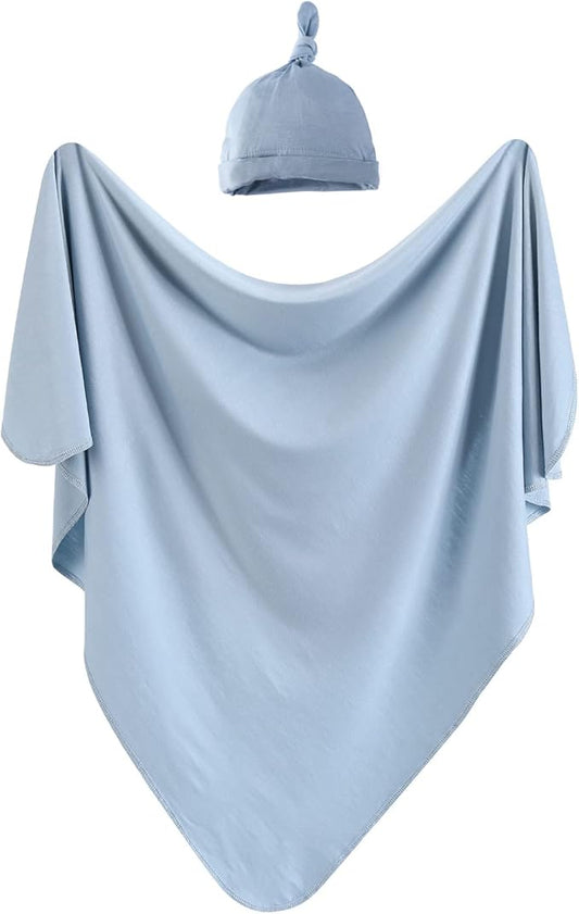 iEvolve Cotton Knitted Baby Swaddle Blanket with Hat Headband Set Newborn Swaddle Wrap Receiving Blankets for Baby Girl Boy 35" x 35"(Lightblue)