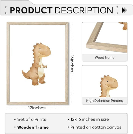 Dinosaur Nursery Wall Art Kids Canvas Poster Boys Room Wall Decor Watercolor Dino Wall Art Toddler Baby Pictures Dinosaur Prints Nursery Artwork for Boys Room Bedroom 12x16x6 Inch Wood Framed