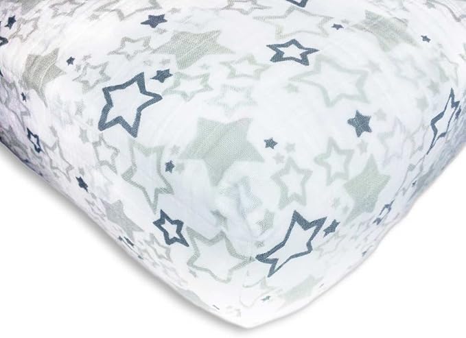 SwaddleDesigns Softest Cotton Muslin Fitted Crib Sheet/Toddler Sheet for Baby Boy & Girl, Gray & Sterling Starshine