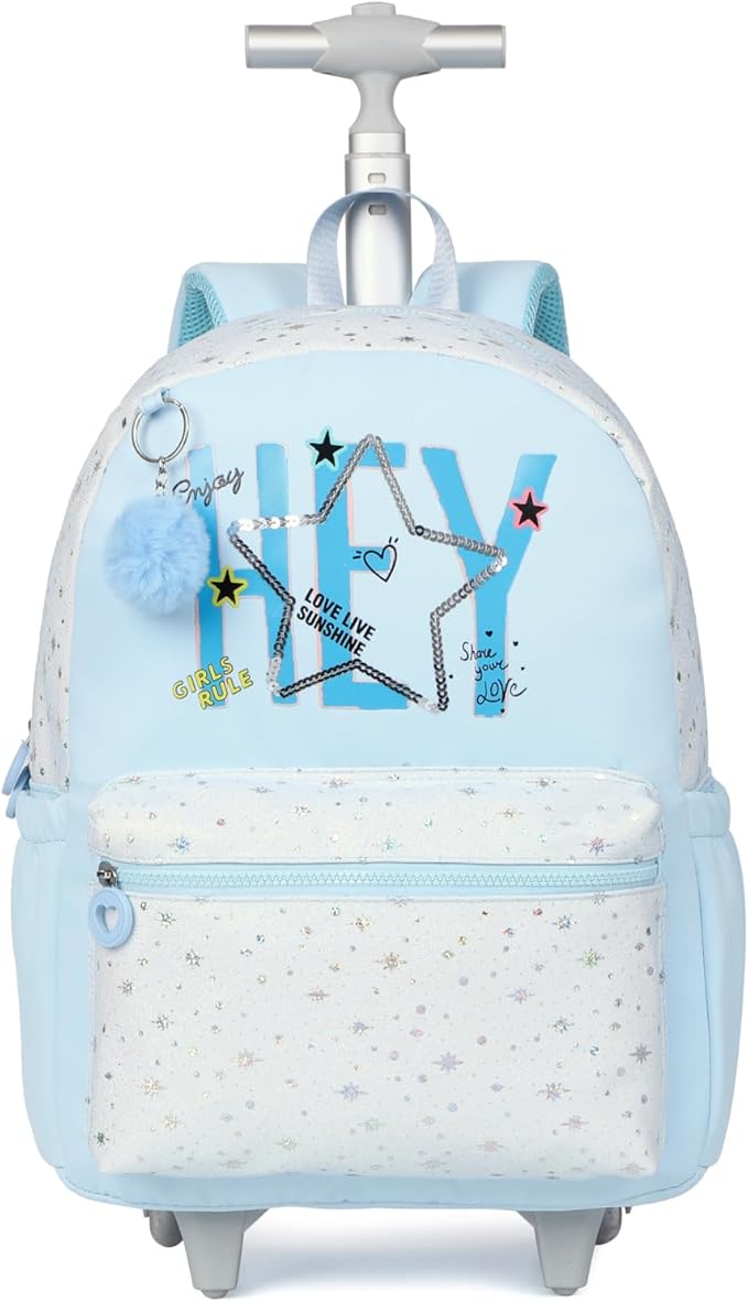 kingdisen Cute travelers club blue Rolling Backpack for women with wheels Rolling cart (HEY BLUE)