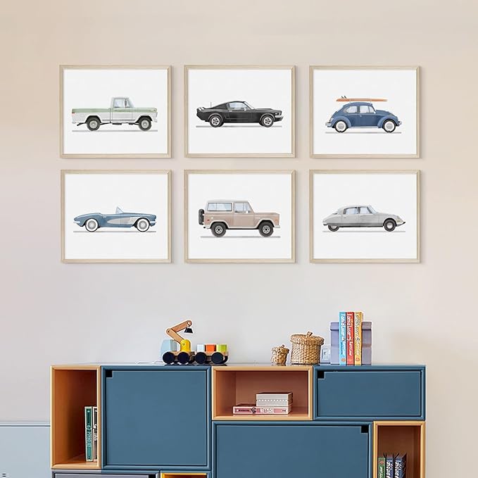 Blue Car Wall Art Decor Boys Room Wall Art Vintage Cars Canvas Poster Pictures Toddler Kids Room Prints Watercolor Vehicle Artwork Painting for Boys Bedroom Nursery 12x16 Inch Wood Framed Set of 6