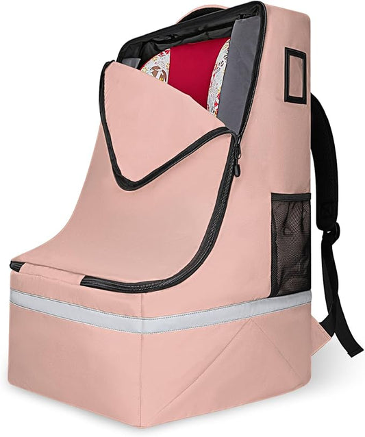 LARIPOP Car Seat Travel Bag for Airplane,Infant Seat Travel Bag with Shoulder Strap,Padded Car Seats Backpack with Reflective Stripes,Large Carseat Carrier Bag Travel Car Seat Cover,Flesh Pink