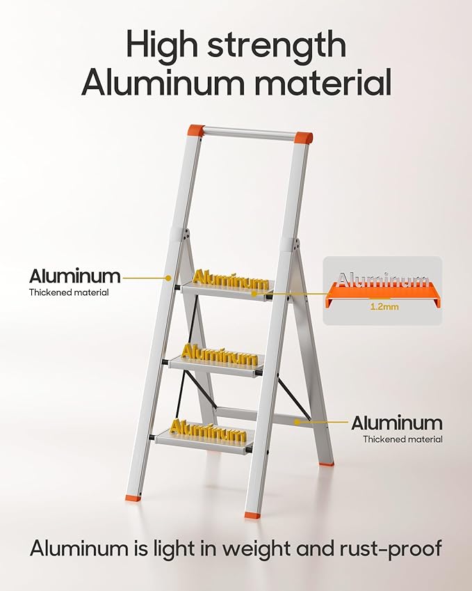 HillhutApex 3 Step Foldable Aluminum Step Ladder with Handgrip, Anti-Slip Pedal, 330 lbs Capacity, Lightweight & Portable for Home, Kitchen, Office, Garage (Orange)