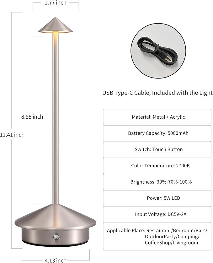 NEWSEE Modern Cordless Table Lamp Set of 2, Portable LED Desk Lamps, 5000mAh Rechargeable Battery Operated Lighting for Bedroom Dining Room Restaurant Coffee Shop Camping Night Light (Brushed Nickel)