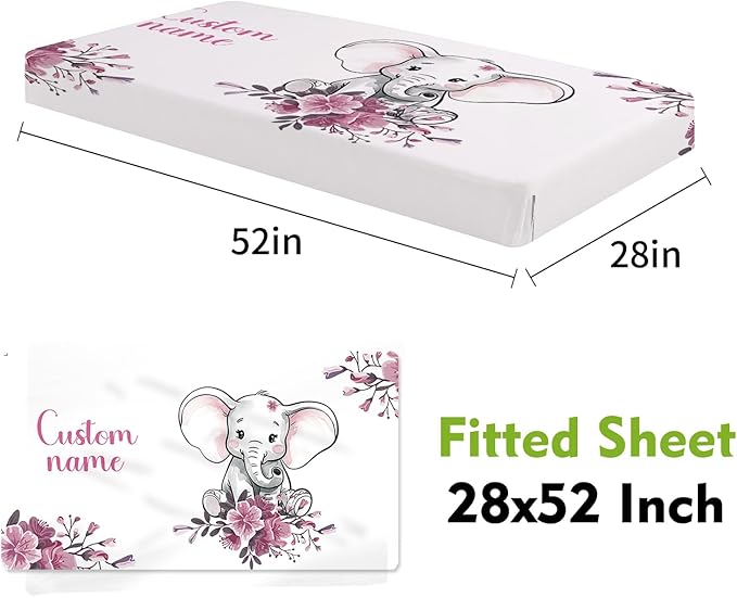 Personalized Baby Crib Bedding Set, Custom Name Floral Elephant Baby Bedding 2-Pcs Set - Soft Double Layer Dotted Blanket and Fitted Sheet, Nursery Bedding for Newborn Boys Girls, Perfect Shower Gift
