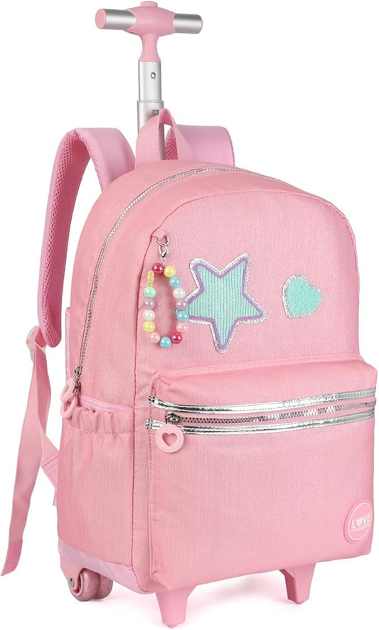 kingdisen Rolling travel Laptop Backpack for school Teens Girls (STAR HEART PINK)