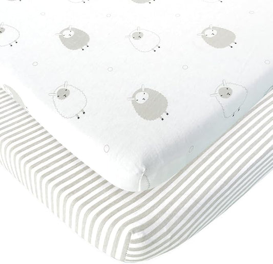 Travel Lite Crib Sheets Compatible with Graco Travel Lite Crib with Stages – Fits Perfectly on 20” x 30” Mattress Without Bunching Up – Snuggly Soft Jersey Cotton – Grey Sheep, Stripe – 2 Pack