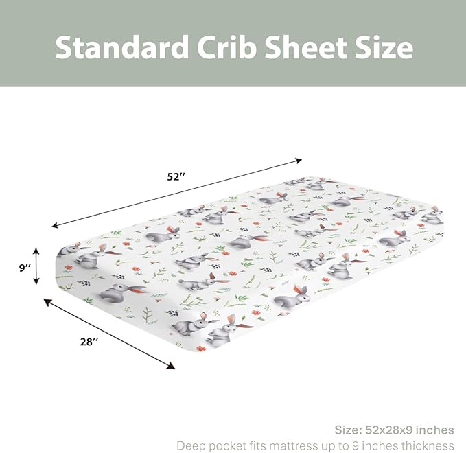 Easter Spring Bunny Flowers Baby Crib Sheets for Boy Girl 28"x52" Rabbit Boho Wildflower Soft Snug Fitted Crib Mattress Cover Garden Animal Nursery Baby Sheet for Standard Crib and Toddler Mattress