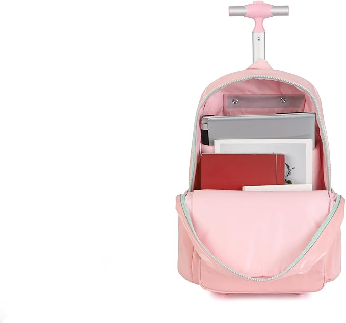 kingdisen Girls Kids Rolling Backpacks, Carry on Backpack with wheels (FLOWER PINKISH ORANGE)