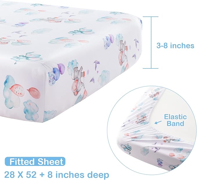 4 Pieces Crib Bedding Set for Baby Boys Girls, Infant Toddler Nursery Baby Bedding Sets Includes Cartoon Quilt, Fitted Crib Sheet, Crib Skirt and Plush Elephant Toy