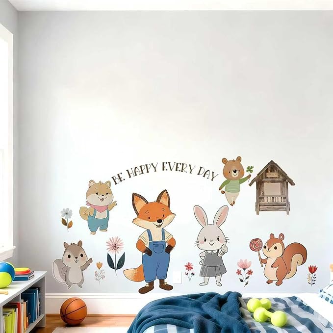 PQQIEE Woodland Animal Wall Decals, Be Happy Every Day Nursery Wall Stickers, Fox Rabbit Bear Squirrel Design, 35.43x19.68 Inch, Kids Room Decor