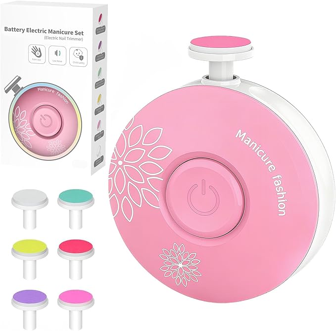 Baby Nail Trimmer Electric, Safe + Easy Baby Nail File, Baby Nail Clippers Nail Trimmer Kit for Newborn Infant Toddler, 6 Grinding Heads, Battery Operated (Battery Not Included) Pink
