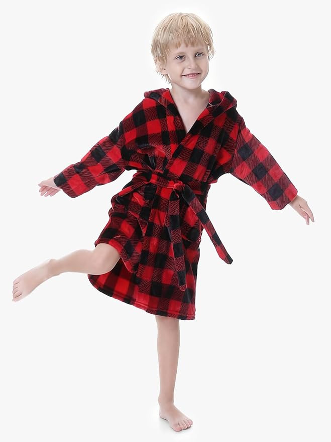 Umeyda Boys Girls Robes, Soft Fuzzy Fleece Hooded Bathrobes with Belt and Pockets for Kids, 1-18 Year