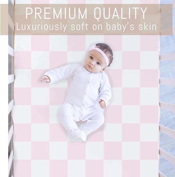 Pink and White Checkered Baby Crib Sheets for Girls Gingham Plaid Checkerboard Soft Snug Fitted Crib Mattress Covers for 52''x28'' Standard Crib & Toddler Mattress Pink Checks Nursery Bed Sheets