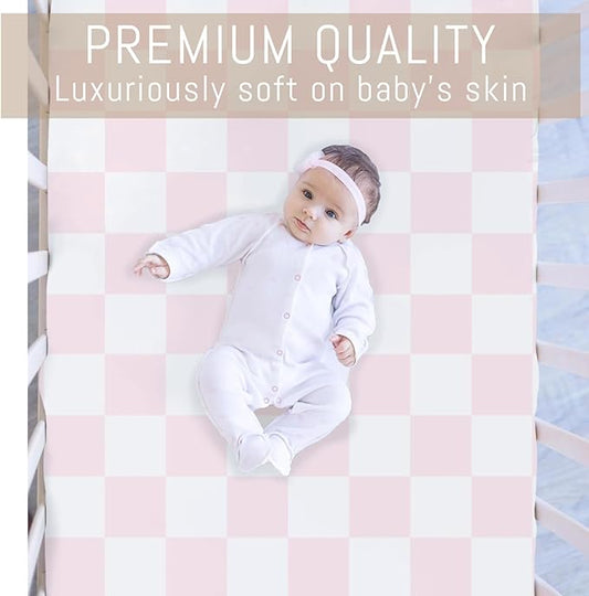 Pink and White Checkered Baby Crib Sheets for Girls Gingham Plaid Checkerboard Soft Snug Fitted Crib Mattress Covers for 52''x28'' Standard Crib & Toddler Mattress Pink Checks Nursery Bed Sheets