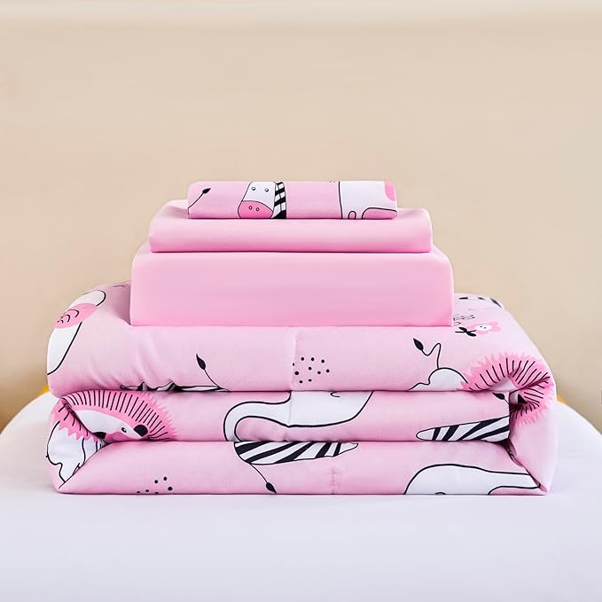 URBONUR 4-Piece Toddler Bedding Set - Ultra Soft Cartoon Pink Zoo Animals Girls Toddler Comforter Set - Include Comforter, Flat Sheet, Fitted Sheet and Reversible Pillowcase, Pink Animal