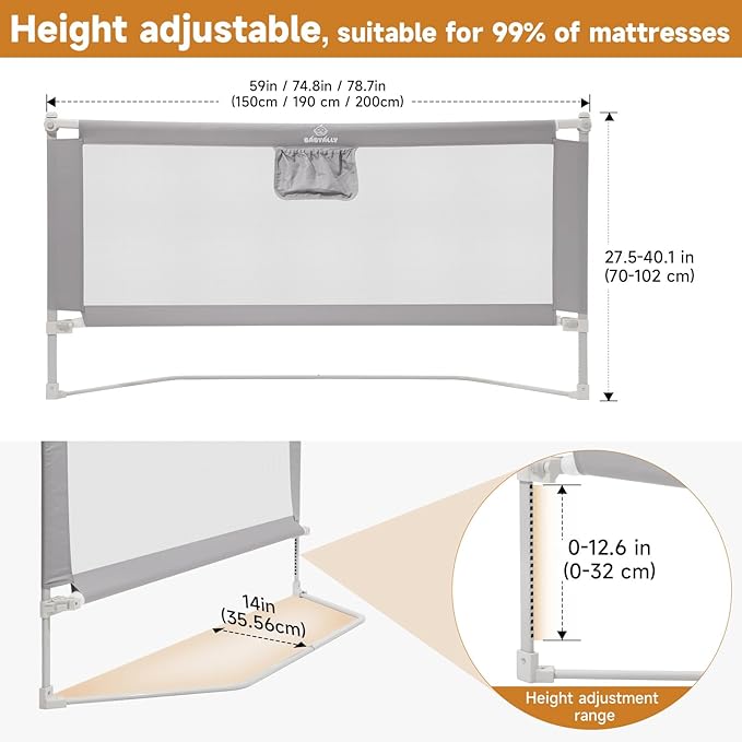 Bed Rail for Toddlers, Foldable Bed Rails Quick Assembly, Height Adjustable Bed Rail Guard with Steady U-Shape Base for Toddlers, Baby, Kids (1, 1 Side 74.8'')