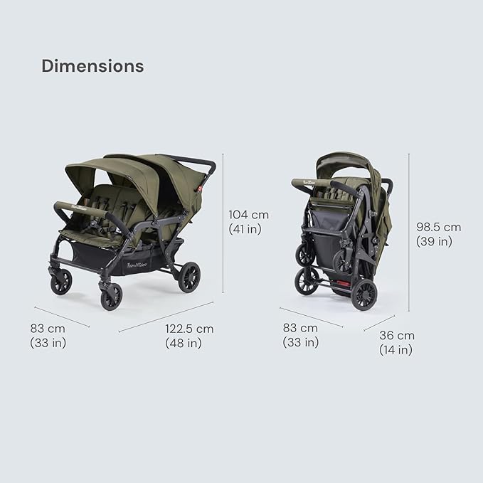 Familidoo H4E Quad Lidoo Lite 4-Seater Stroller Wagon for Kids, Lightweight & Foldable with Reclining Seats, 5-Point Harness, Double Canopy & Rain Cover (Olive)