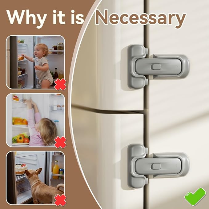 SAFELON 2 Pcs Baby Safety Refrigerator Lock, Child Proof Fridge Door Lock, Protect Refrigerators with Damaged Sealing Strips, No Tools Required (Grey)