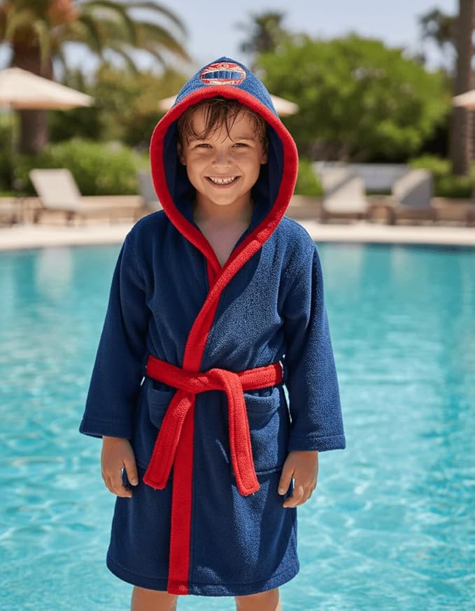 BAGNO MILANO Kids Organic Turkish Cotton Hooded Beach Cover-Up Towel, GOTS Certified, for Boys and Girls (Driver Navy, 7-8 Years)