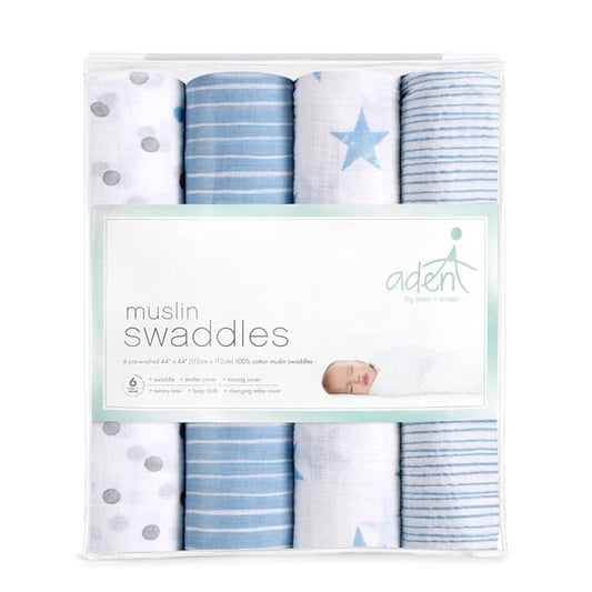 aden + anais Essentials Muslin Swaddle Blankets for Baby Girls and Boys, Newborn Receiving Blanket for Swaddling, 100% Cotton Baby Swaddle Wrap, 4 Pack, Dapper