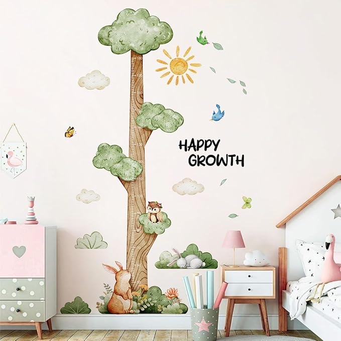 DRWSSR 3D Cartoon Height Growth Chart for Kids Wall Stickers Removable DIY Jungle Animals and Plants Height Sticker Peel and Stick Sun White Clouds Wall Art Decor for Nursery Kids Bedroom Living Room
