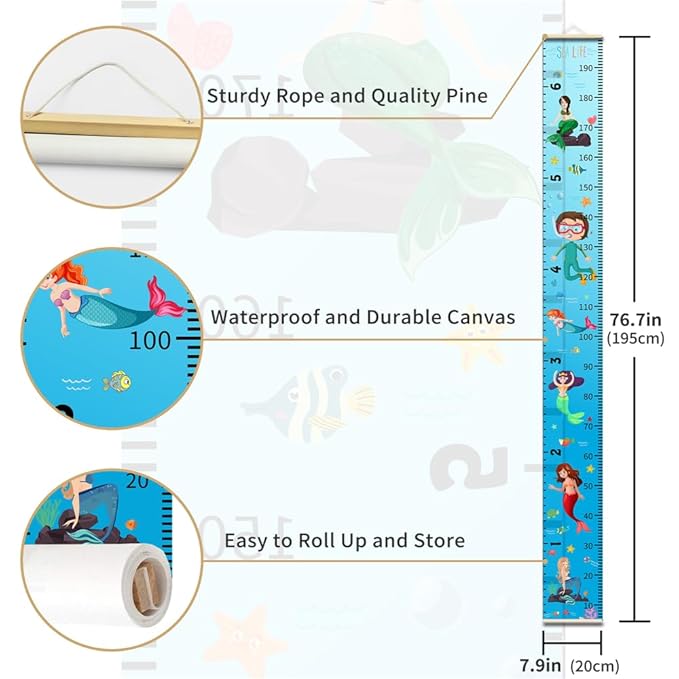 Baby Height Growth Chart - Canvas Height Chart for Kids Baby Child Toddler Boys Girls Growth Chart for Wall Room Nursery Decor Hangable and Removable Measuring Wall Ruler (Mermaid, Black Wood)